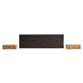 Cabecero Tapizado R55 Color Chocolate + 2 Mesitas Flotantes Con Cajon Madera Maciza Natural | Acabado Encerado