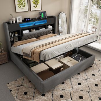 Cama Doble 180x200 Cm Lino Gris Con Baúl Hidráulico, Iluminación Led, Cargador Usb/type-c Y Cabecera Con Almacenamiento, Sin Colchón.