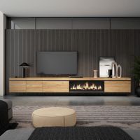 mueble tv efecto madera roble 368x35x45cm chimenea efecto fuego