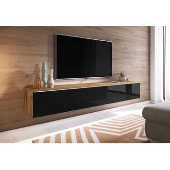 Mueble De Tv Lowboard D 180 Cm, Mueble De Televisión, Mueble De Salón, Con Iluminación Led, Color Wotan/negro Brillo