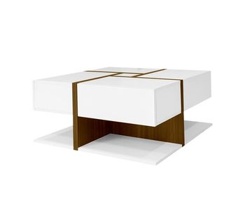 Mesa de centro cuadrada blanca brillante con 4 cajones y diseño geométrico 78x78x34,8 cm thurluns
