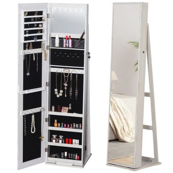 HOMCOM Espejo Joyero de Pie Armario de Joyería con 6 Luces LED y Cerradura Organizador con Estantes Ranuras Anillos 38x38x157 cm Blanco   Aosom España