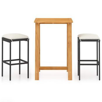 Set De Bar Para Jardín 3 Piezas | Mueble De Jardín Y Cojines Ratán Sintético Negro