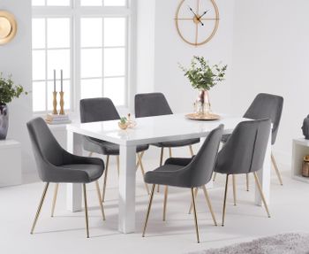 Atlanta 160cm White High Gloss Table with Fern Velvet Chairs - Blue, 4 Chairs
