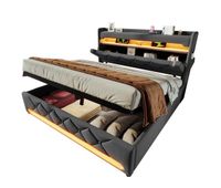 cama de matrimonio de lino 160x200cm con almacenaje y luz ledgris