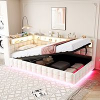 cama sofa individual 90x200 cm almacenamiento hidraulico estante madera tira led usbtype-c somier lamas terciopelo beige