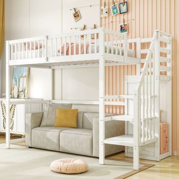 Cama Alta Infantil 90x200 Blanca De Madera Con Escalera, Barandilla Y Armario