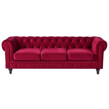 Sofá 3 Plazas Chesterfield Tapizado En Tela De Terciopelo Rojo Patas De Madera Oscura Estilo Contemporáneo Chesterfield