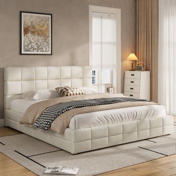 Cama Plataforma Tapizada Doble Beige 180x200 Cm