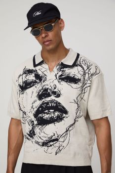 Polo Oversize De Punto Jacquard Con Cara, Beige