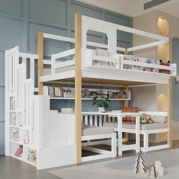 Cama Litera Niños 90x200 Cm Blanco/natural Con Escritorio Ajustable, Estantería Y Escalera Almacenamiento, Pino Y Mdf.