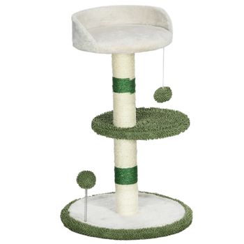 PawHut Árbol Rascador con Cama para Gatos, 2 Pelotas, Plataforma y Palo de Sisal, Ø40x64 cm, Verde y Blanco   Aosom España