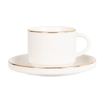 Taza de té y platillo de porcelana blanca y dorada