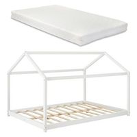 cama infantil casita con somier de laminas de madera de pino blanco colchon 140 x 200 cm 030005510