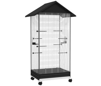 Pawhut jaula para pájaros con ruedas, 79x65x155 cm, jaula grande con 2 comederos, 8 perchas, 4 puertas y bandeja extraíble, diseño del techo, pajarera para pinzones y canarios, negro