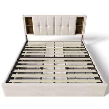 Cama Con Cajones 160x200cm Acolchada En Terciopelo Con Carga Inalámbrica Y Somier Beige