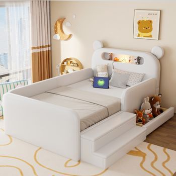 Cama Infantil Tapizada 90 X 200 Cm Con Cabecero De Oso, Luz Nocturna Y Almacenaje