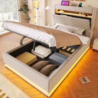 cama tapizada en lino beige con cargador usb-c iluminacion led almacenamiento hidraulico cofre elevable control por botonapp 90x200cm