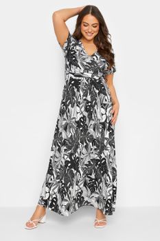 Yours Vestido Largo Estampado Tropical En Blanco Y Negro, Mujer Curvy Y Tallas Grandes, Yours