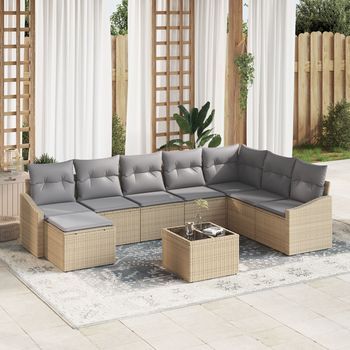 Conjunto De Sofá De Jardín  De 9 Piezas Con Cojines Ratán Sintético Negro V4366 Unico / Gris Claro