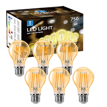 Aigostar - Bombilla LED E27 Edison, 8W Equivalente a 57W, Blanco Cálido 2200K, 750 Lúmenes, Bombilla LED Vintage Decorativa A60 de Filamento, No Regulable, Cristal ámbar, Pack 6