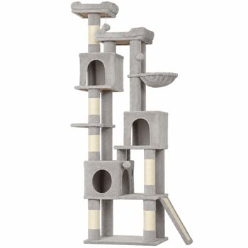 PawHut Árbol Rascador para Gatos Alto 200 cm con 6 Postes Rascadores de Sisal 2 Camas 3 Casitas y Hamaca Gris Claro   Aosom España