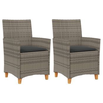 Pack 2 Uds Sillas De Jardín | Silla De Exterior | Sillón Y Cojines Ratán Pe Gris Y Madera Maciza