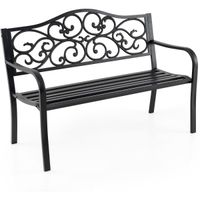 costway 128 cm banco de jardin banco de patio de metal de hierro fundido con respaldo de diseno floral reposabrazos y asiento de listones negro