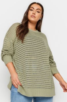 Yours Jersey Caqui De Ganchillo Con Aberturas Laterales, Mujer Curvy Y Tallas Grandes, Yours
