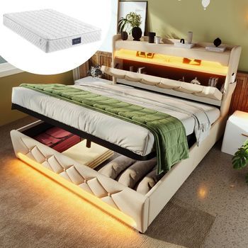 Cama Doble Tapizada 140x200, Cofre Hidráulico, Cabecera Con Puertos Usb Y Usb-c, Led 360° En La Cabeza Y El Pie, Lino Beige, Con Colchón