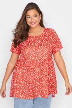 Top Peplum Rojo De Flores Con Manga Corta, Mujer Curvy Y Tallas Grandes, Yours