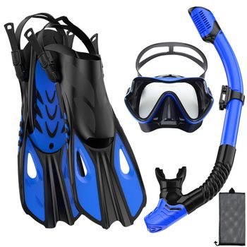 Set de Snorkel con Máscara y Aletas, Equipo de Snorkel para Adultos con Vista Panorámica, Máscara de Snorkel Ajustable, Aletas de Buceo, Snorkel de Sistema Seco y Bolsa de Viaje
