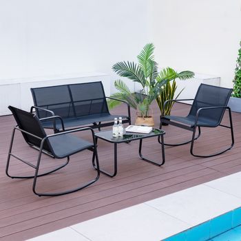 Juego De Mecedoras De Patio De 4 Piezas Juego De 2 Mecedoras Sofá De 2 Plazas Y Mesa Con Tapa De Cristal Muebles Para Jardín Patio Negro