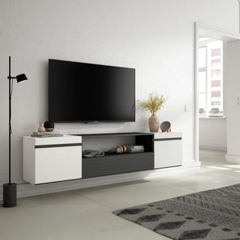 Mueble tv efecto madera blanco y negro 200x35x45cm colgado