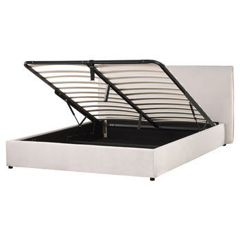 Cama Con Almacenaje De Terciopelo Blanco Crema 160 X 200 Cm Otomana Cabecero Lavaur