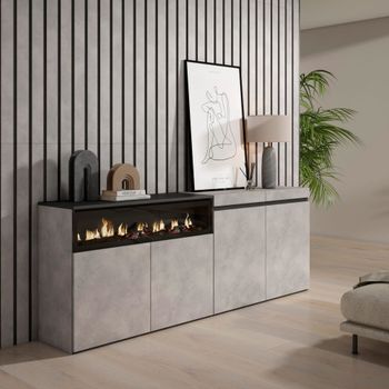 Aparador efecto madera cemento 200x35x75cm chimenea efecto fuego