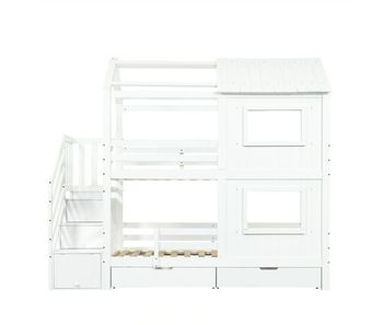 Cama litera infantil 90x200 cm - con treppenschrank, estantes, cajón con ruedas, ventanas y techo - blanco