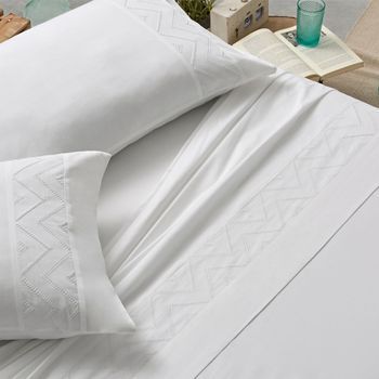 Juego De Sábanas 100% Algodón 200 Hilos Diseño Tira Bordada En Zig-zg 200 X 190/200 Cm - Blanco - Burrito Blanco