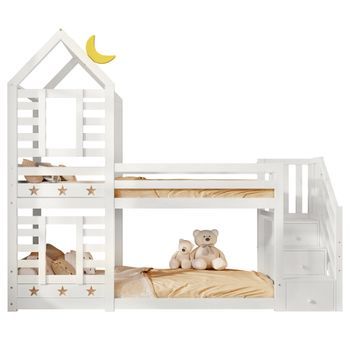 Cama Infantil - Litera Con Cajones - Somier De Láminas - 90 X 200 Cm - Blanco