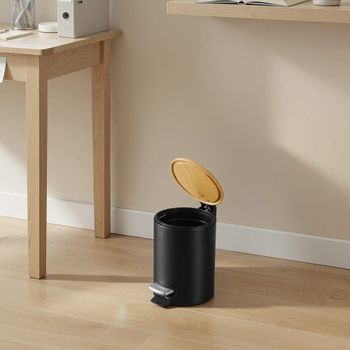 Cubo de basura de 3 litros con tapa de bambú de color negro