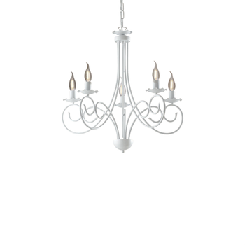 Alma - Lámpara De Araña De Hierro Lacado En Blanco Con Decoración. Lámpara De Techo Efecto Shabby Chic, 5 Luces, 120 Cm, Ø57 Cm, Bl130-5-bco