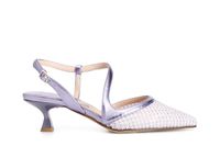 zapato de salon abierto por detras modelo asimetrico de red con pedreria en la parte delantera lilac