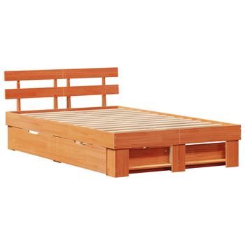 Cama Matrimonial | Cama Doble | Estructura De Cama Con Cajones Marrón Encerado 135x190 Cm Madera De Pino Maciza Cfw14789