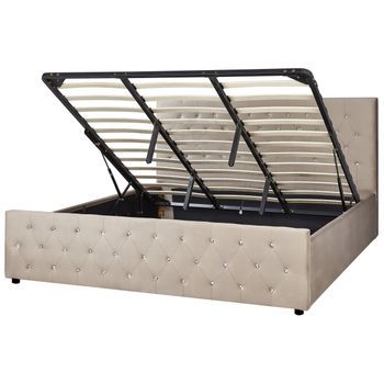 Cama Doble Tapizada En Terciopelo Gris Pardo 180 X 200 Cm Con Almacenamiento Cabecero Acolchado Amiens