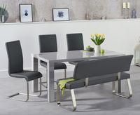 atlanta 160cm light grey high gloss dining table with malaga chairs and malaga grey bench