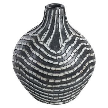 Jarrón De Terracota Negro Blanco 35 Cm Hecho A Mano Patrón A Rayas Kualu