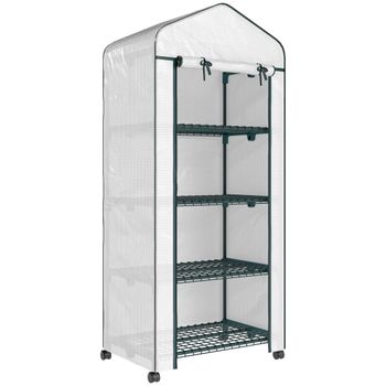 Outsunny Invernadero de Exterior con 4 Estantes Ruedas Puerta Enrollable Cubierta de PE y Marco de Acero 69x50x165 cm Blanco