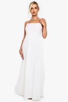 vestido maxi escalonado de lino y tirantes blanco