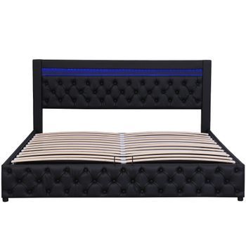 Cama Tapizada Negra De Pu De 140 X 190 Cm Con Somier De Láminas Y Arcón Hidráulico