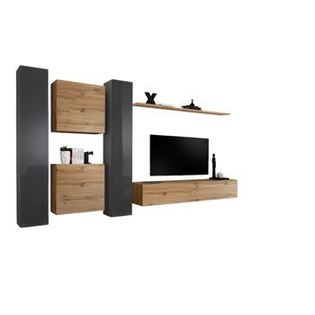 Conjunto De Muebles De Pared Para Sala Switch Vi Diseño, Color Roble Wotan Y Gris Brillante.